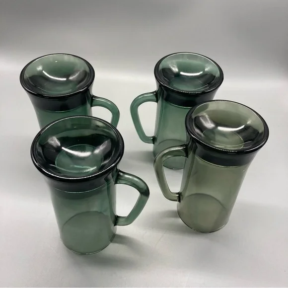 Mid Century Modern Glass set of 4 Beer Mug - Smoked Green Colored Barware EVC - Picture 4 of 6